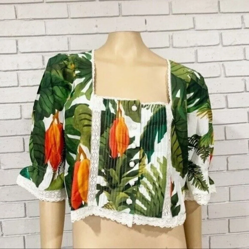 Farm‎ Rio Tropical Lace Trim Cocoa Forest Puff Sleeve Square Neck Top  | Size M